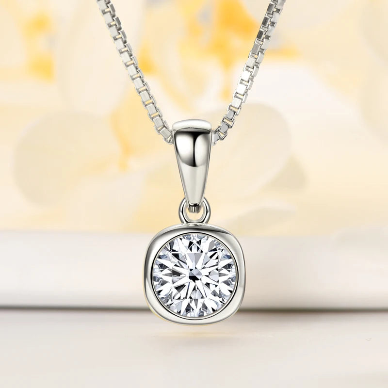 Lnngy 6.5mm 1ct Round Moissanite Necklace 925 Sterling Silver Box Chain Necklaces for Women Collares Mujer Fashion Jewelry Gift