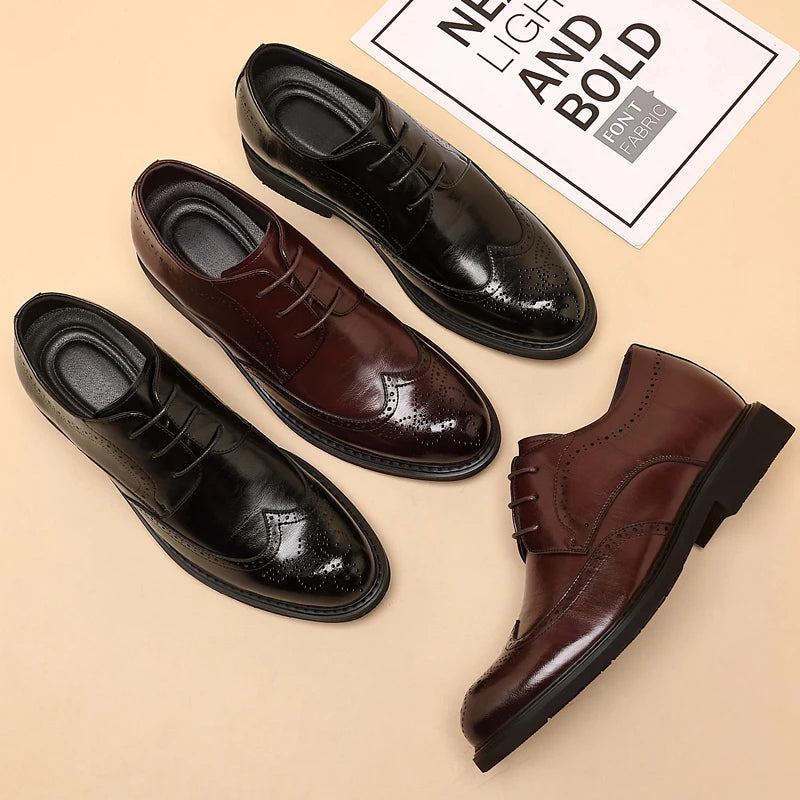 Men's Dress Brogues Elevator Shoes Platform Breathable Casual Business Luxury Genuine Leather Heightening Shoes 6 8CM Taller Man