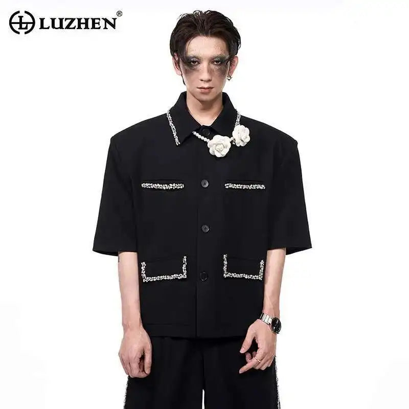 LUZHEN Luxury Elegant Diamond Patchwork Decorate Short Sleeve Big Lapel Shirts Men's 2025 Summer High Quality Casual Tops JY1575