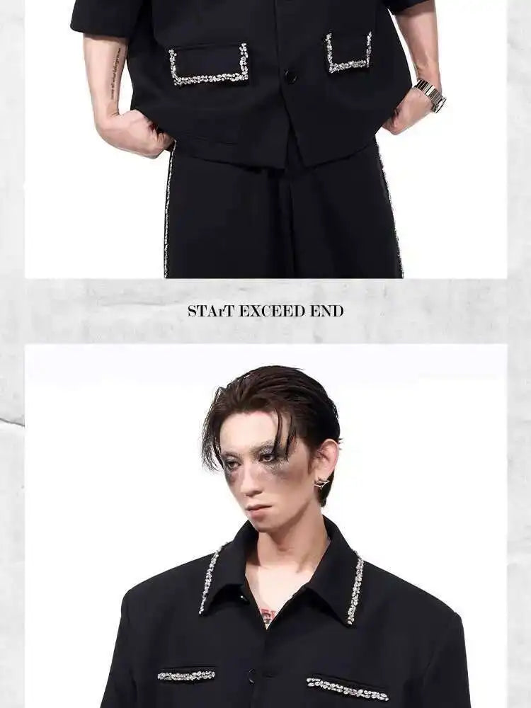 LUZHEN Luxury Elegant Diamond Patchwork Decorate Short Sleeve Big Lapel Shirts Men's 2025 Summer High Quality Casual Tops JY1575