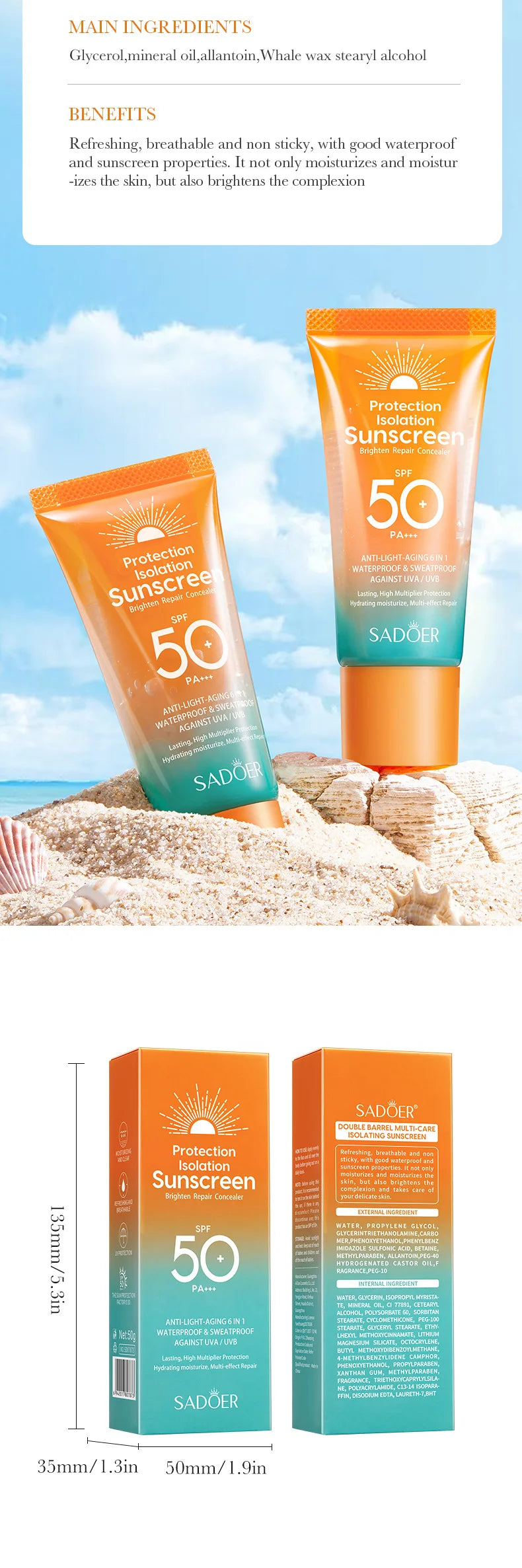 SADOER Spf 50+ Sunscreen for Face Protector Solar skincare Dual Tube Multi Effect PA+++ Facial Sunscreen Solar Blocker