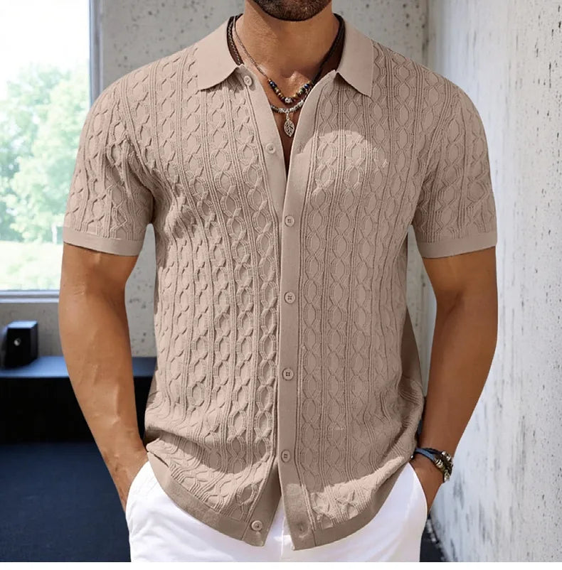 Men Solid Shirt Turn Down Collar Shirt Business Short Sleeve Blouses Knitted Single Breasted Loose Button Summer Cardigan