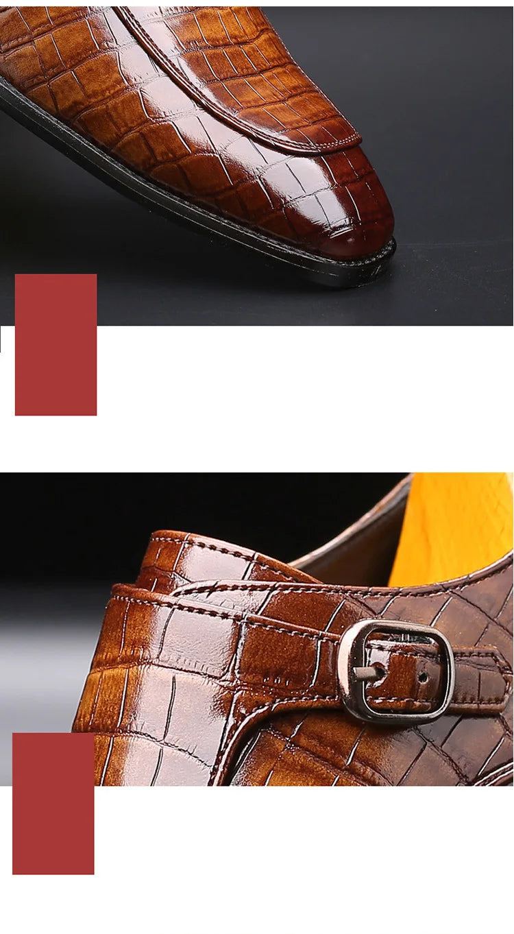 Luxury Men Dress Shoes Crocodile Grain Leather Shoes Men Buckle Casual Wedding Party Shoes High Quality Business Men Brogue Shoe