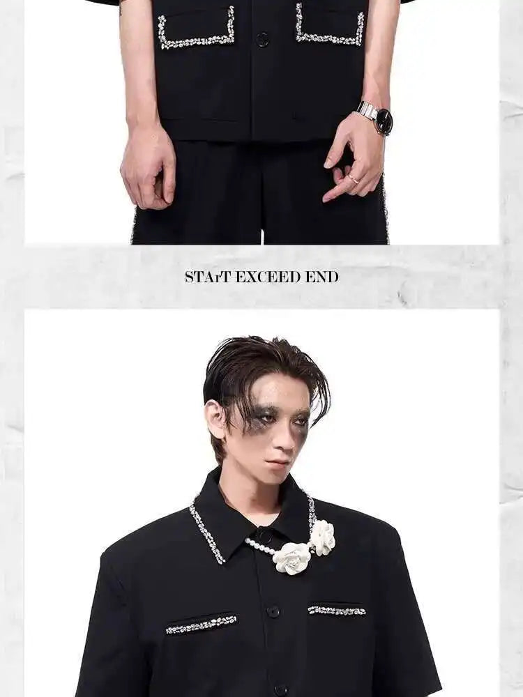 LUZHEN Luxury Elegant Diamond Patchwork Decorate Short Sleeve Big Lapel Shirts Men's 2025 Summer High Quality Casual Tops JY1575
