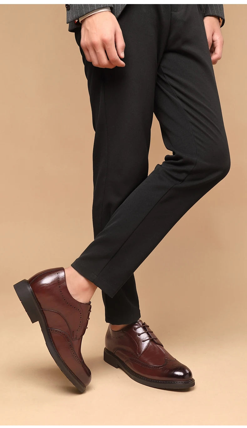 Men's Dress Brogues Elevator Shoes Platform Breathable Casual Business Luxury Genuine Leather Heightening Shoes 6 8CM Taller Man