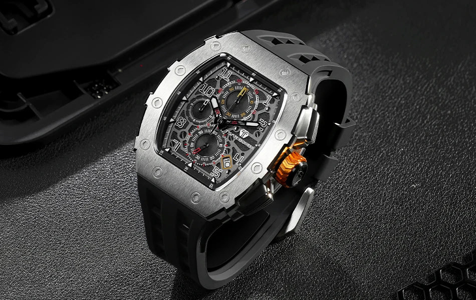 TSAR BOMBA Tonneau Watches for Men Sapphire Quartz Wristwatch Fashion Timepiece 5ATM Waterproof Clock Luxury Mens Watch