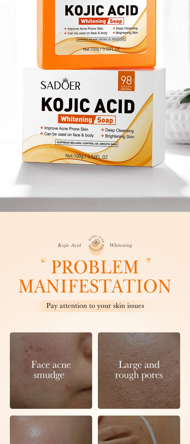 1/2pcs SADOER Kojic Acid Facial Soap Face Wash Foam Facial Cleanser Moisturizing Hydrating Oil Control Body Bathing Soap