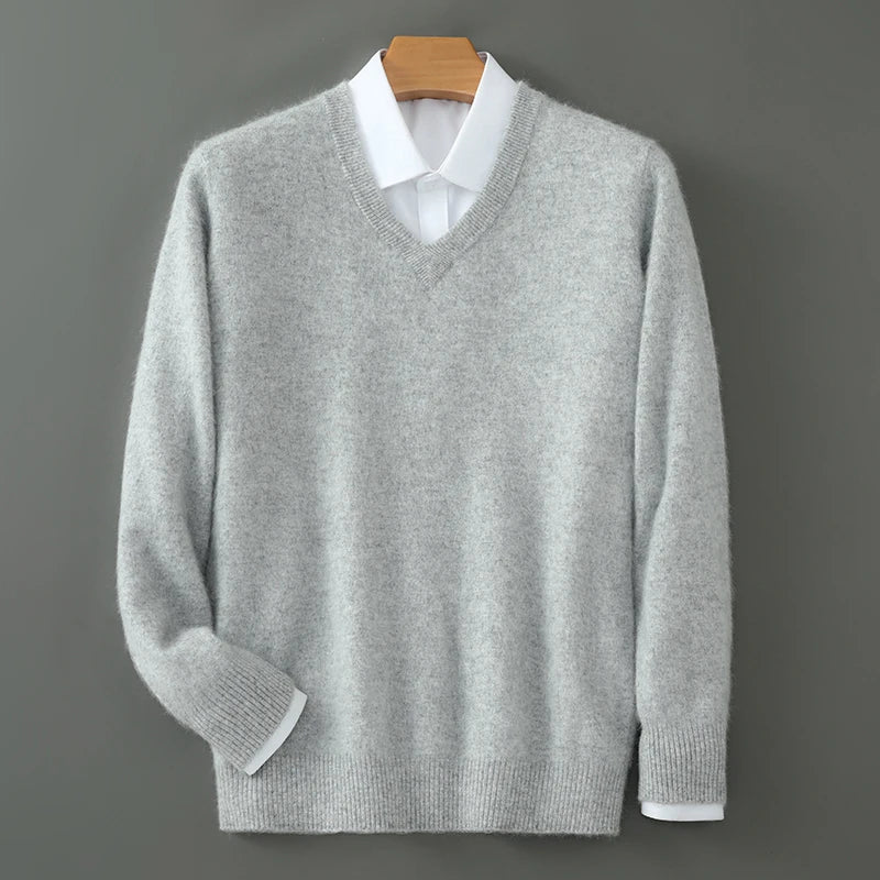 100% Pure Mink Cashmere Knitted Pullover Men's V-Neck Loose Large size Sweater Business Casual Warm Thick Bottoming Shirt Autumn