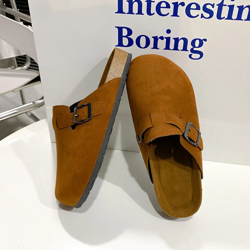 Classic Fashion Women's Suede Mules Slippers Men Clogs Cork Insole Sandals with Arch Support Outdoor Beach Slides Home Shoes