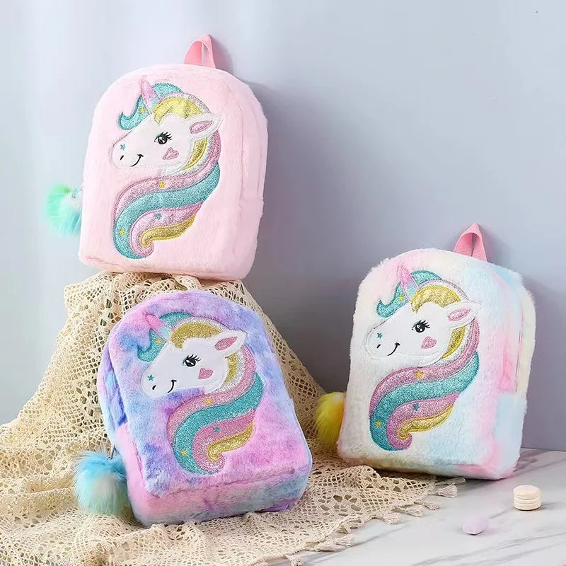Kids Backpack Kids School Bag Fashion Large Capacity Children Girls Unicorn Plush Tie-Dye Bag Mochila