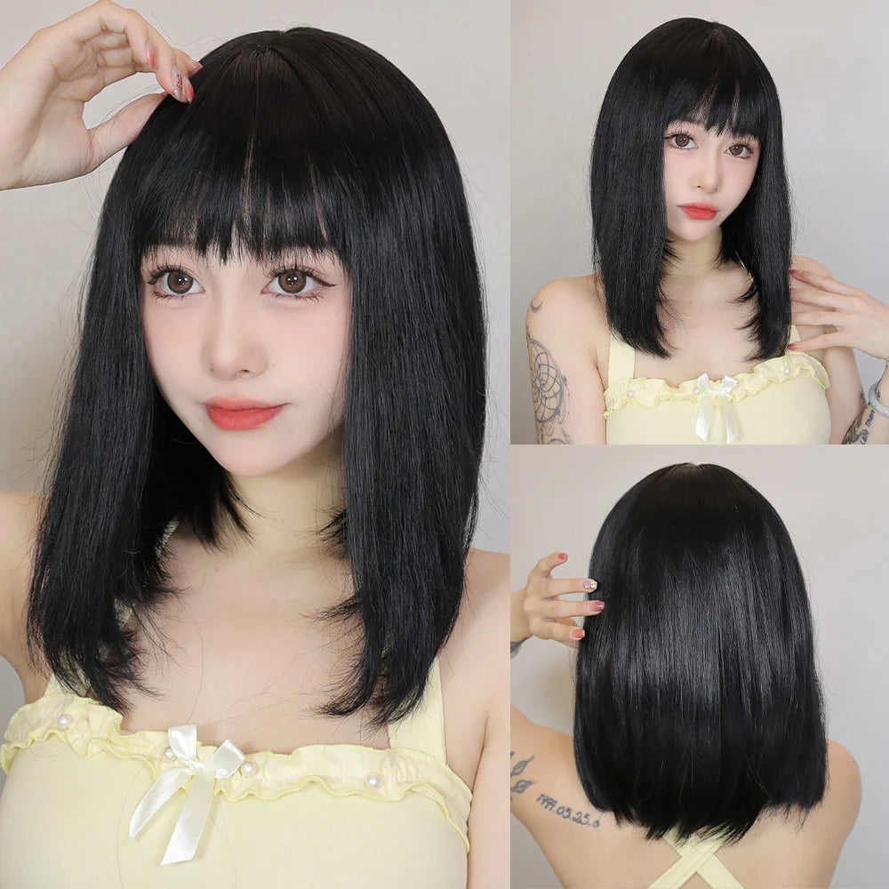 Short Black Brown Synthetic Natural Hair Wigs for Women Bob Straight Wig with Bangs High Temperature Daily Cosplay Party Wigs