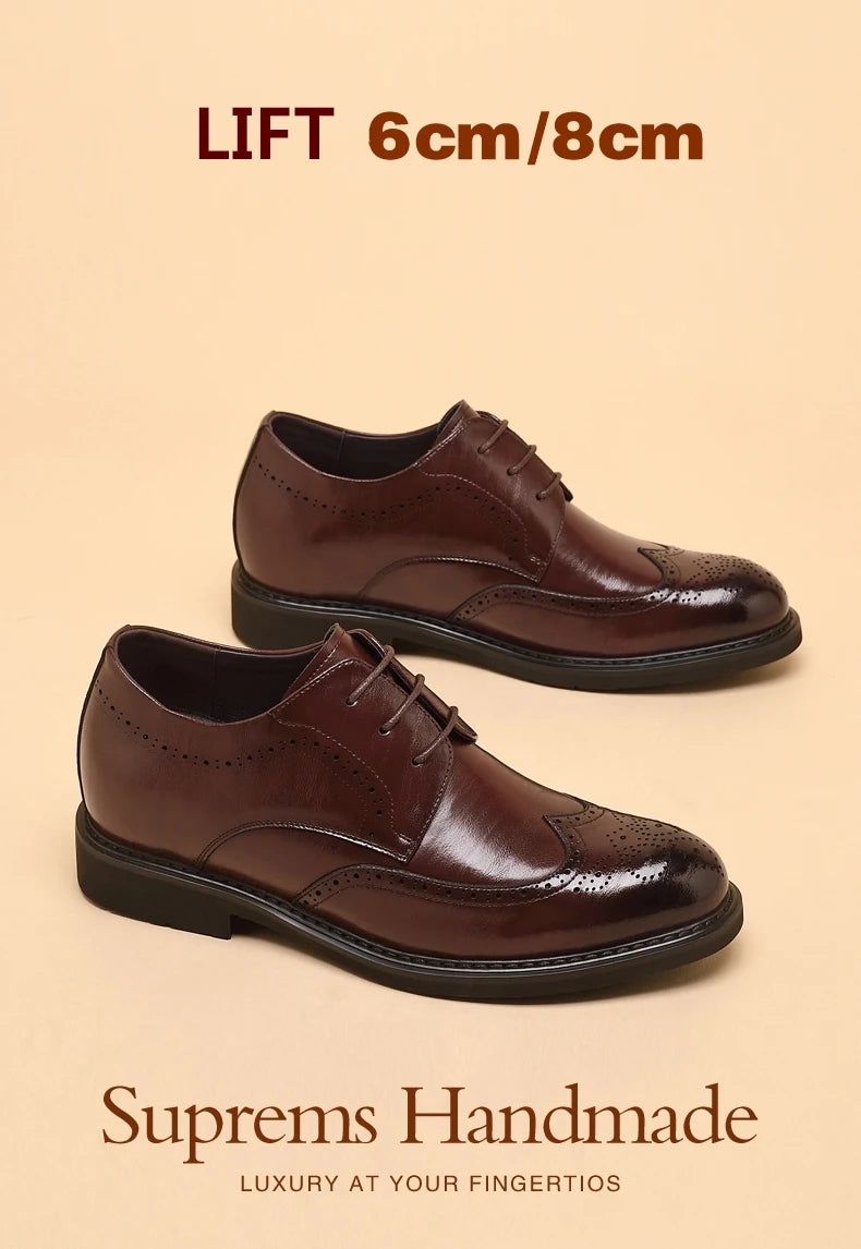 Men's Dress Brogues Elevator Shoes Platform Breathable Casual Business Luxury Genuine Leather Heightening Shoes 6 8CM Taller Man
