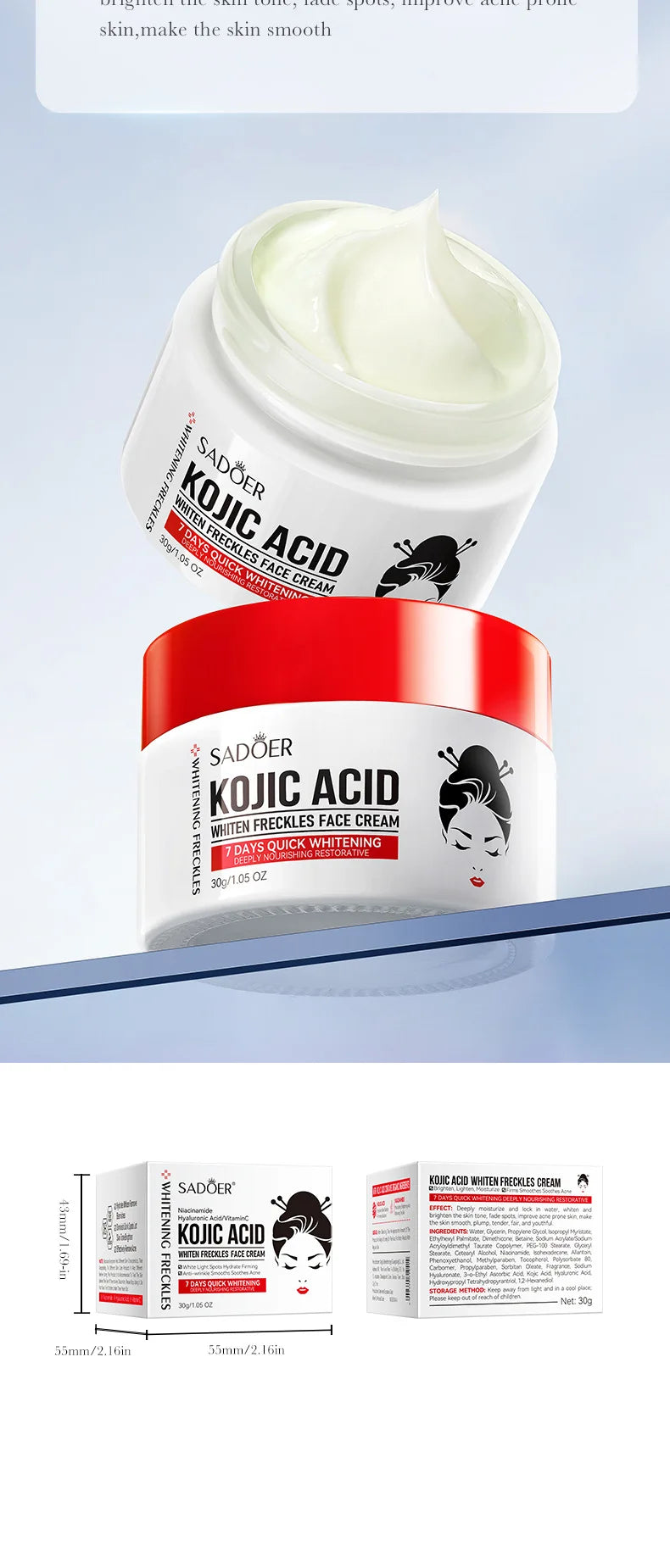 1/2pcs SADOER Kojic Acid Face Cream Moisturizing Freckle Removing Creams Brightening Hydrating Facial Cream Skin Care Products