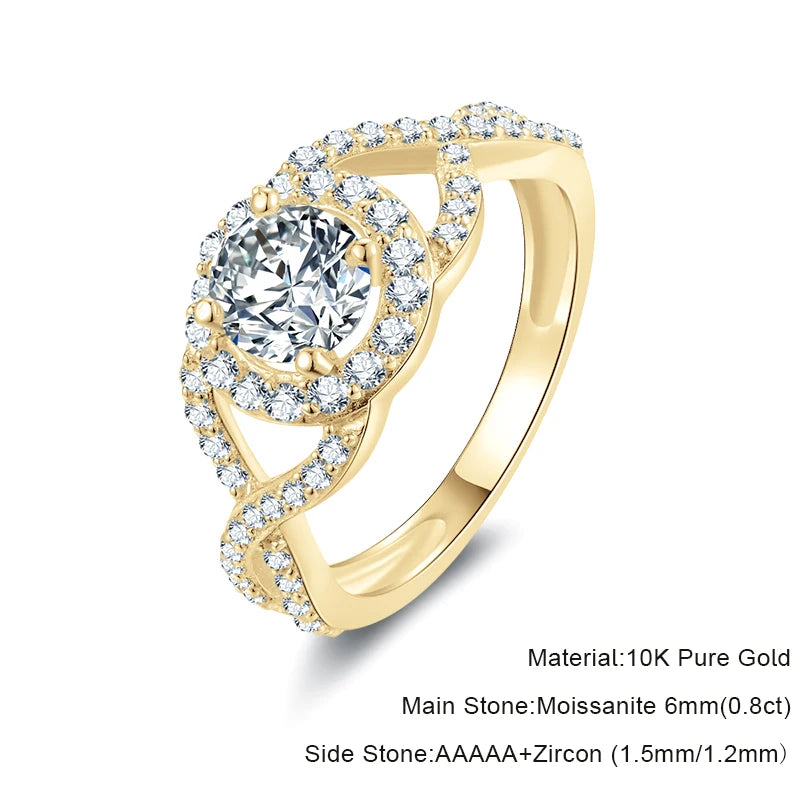 Lnngy 6MM 0.8CT Moissanite Engagement Ring With Certificate Original 10K Solid Gold Twist Shank Ring for Women Fine Jewelry Gift