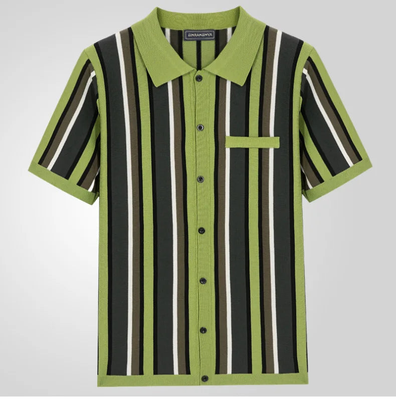 Polo Collar Striped Shirts Knitted Shirt Short Sleeve Single Breasted Casual Shirt Cardigan Loose Fit 2025 Spliced Pockets