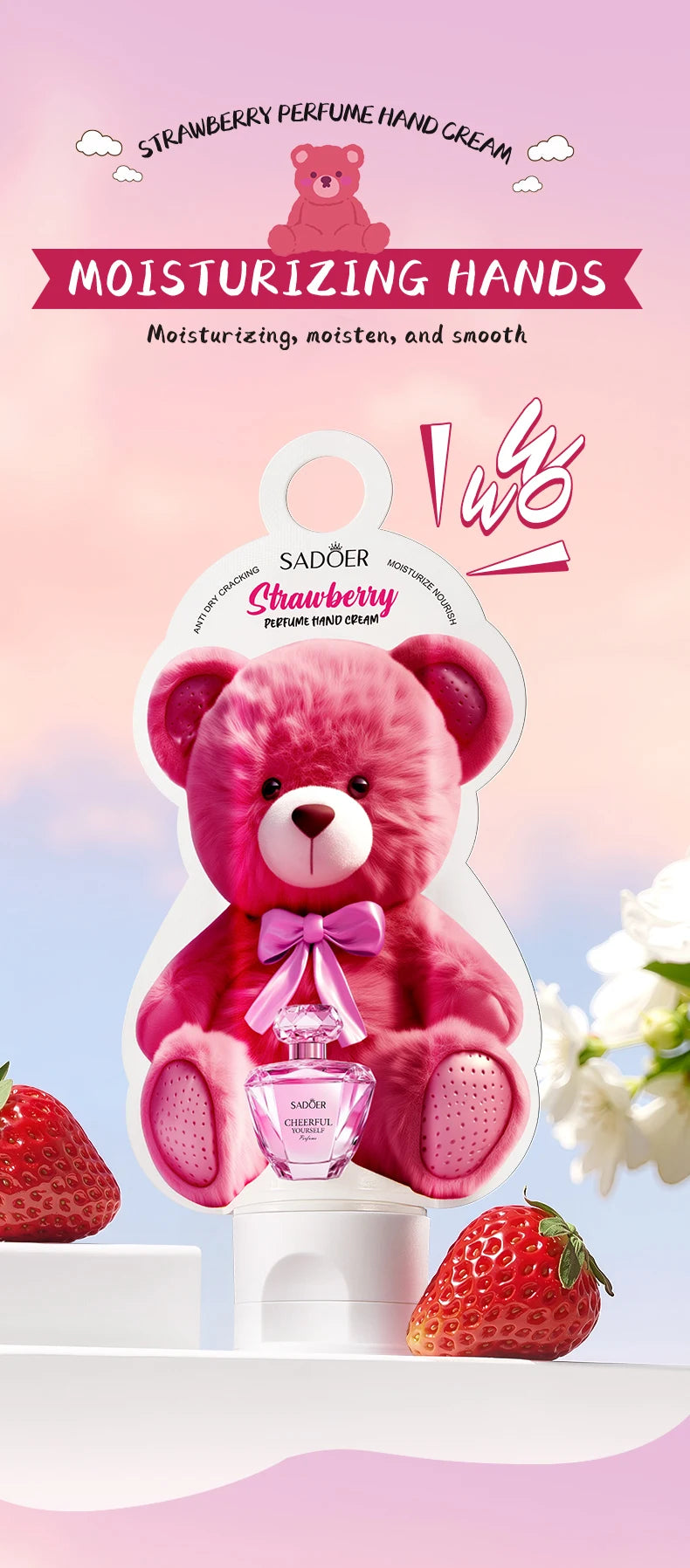 SADOER Strawberry Perfume Hand Cream Moisturizing Nourishing Anti Wrinkles Hydrating Cute Cartoon Hands Skin Care Prodcuts