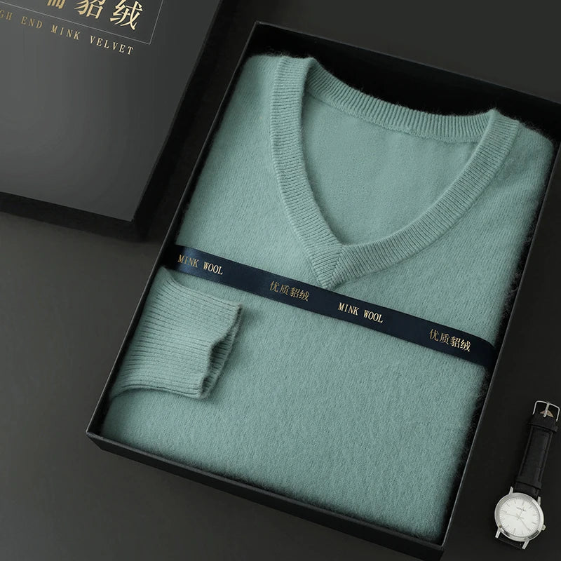 100% Pure Mink Cashmere Knitted Pullover Men's V-Neck Loose Large size Sweater Business Casual Warm Thick Bottoming Shirt Autumn