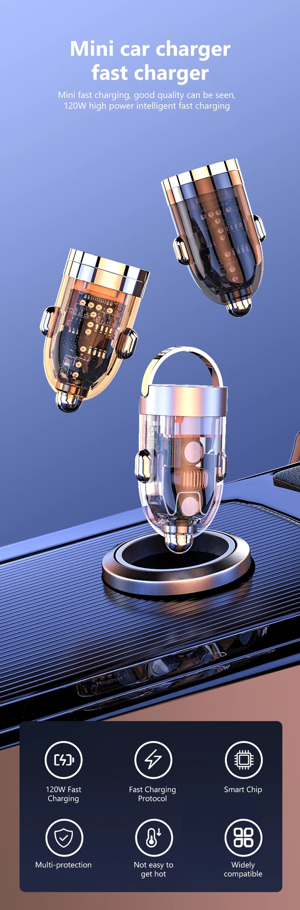 120W Transparent Invisible Pull Ring Car Charger USB Type C Fast Charging QC3.0 PD Phone Charger for iPhone Xiaomi Samsung