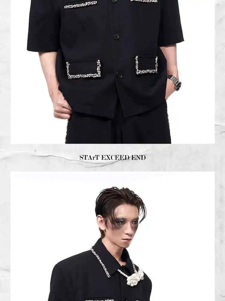 LUZHEN Luxury Elegant Diamond Patchwork Decorate Short Sleeve Big Lapel Shirts Men's 2025 Summer High Quality Casual Tops JY1575