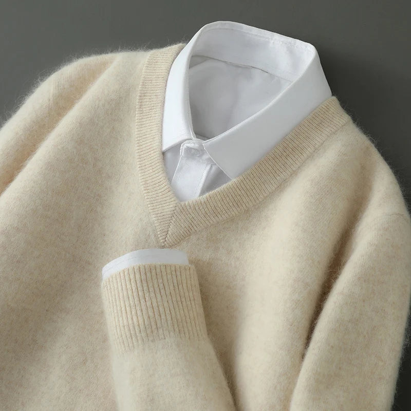 100% Pure Mink Cashmere Knitted Pullover Men's V-Neck Loose Large size Sweater Business Casual Warm Thick Bottoming Shirt Autumn