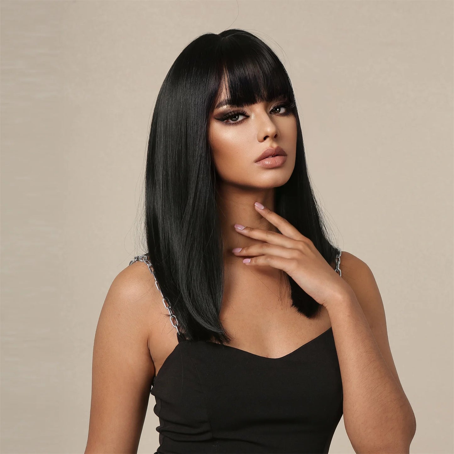 Straight Black Bob Synthetic Wig with Bangs Medium Long Cosplay Layered Wigs for Woman Natural Hair Daily Wig Heat Resistant