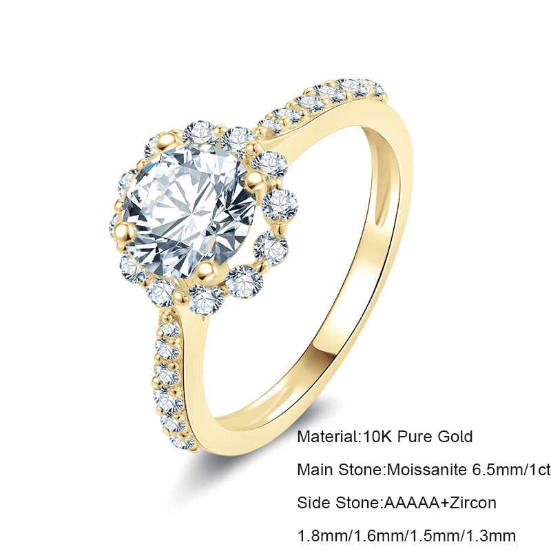 Lnngy 10K Solid Gold Women Rings Certified 1.0 Carat Round Cut Moissanite Engagement Ring for Couples Valentine's Day Xmas Gift
