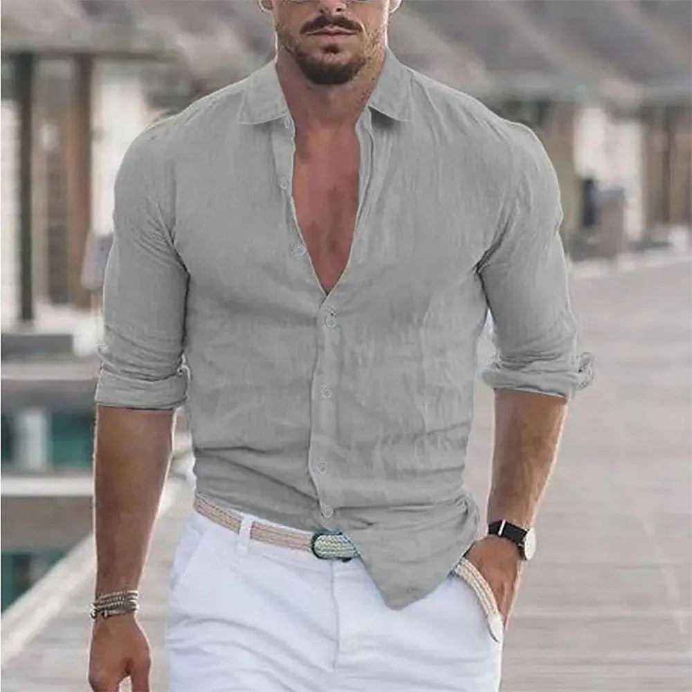 New Men's Shirt Cotton linen Casual Polo Neck Beach Shirt Long Sleeve Solid Hawaiian Holiday Shirts Streetwear
