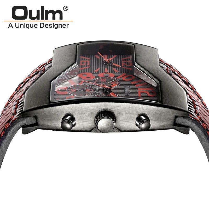 Oulm 1220 Luxury Brand Watch Retro Design Male Sport Wristwatch Leather Strap Watches Men's Two Time Zone Big Dial Quartz Clock