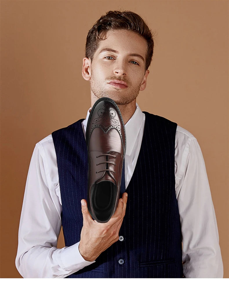 Men's Dress Brogues Elevator Shoes Platform Breathable Casual Business Luxury Genuine Leather Heightening Shoes 6 8CM Taller Man