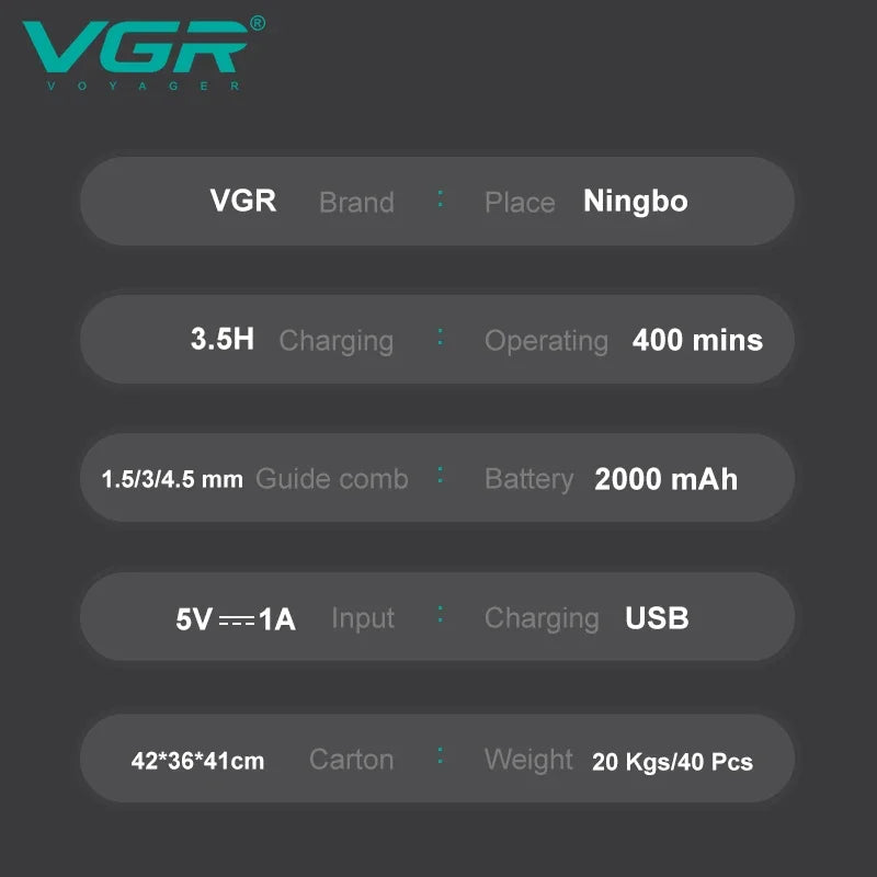 VGR Professional Beard Hair Trimmer For Men Electric Hair Clipper Waterproof Facial Trimer Haircut Machine Rechargeable V-987