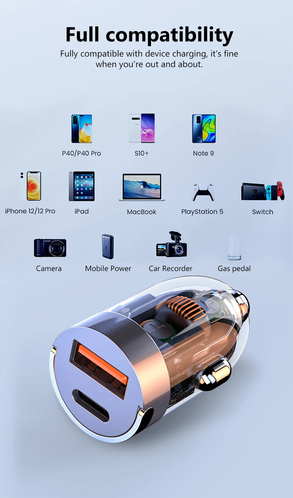 120W Transparent Invisible Pull Ring Car Charger USB Type C Fast Charging QC3.0 PD Phone Charger for iPhone Xiaomi Samsung