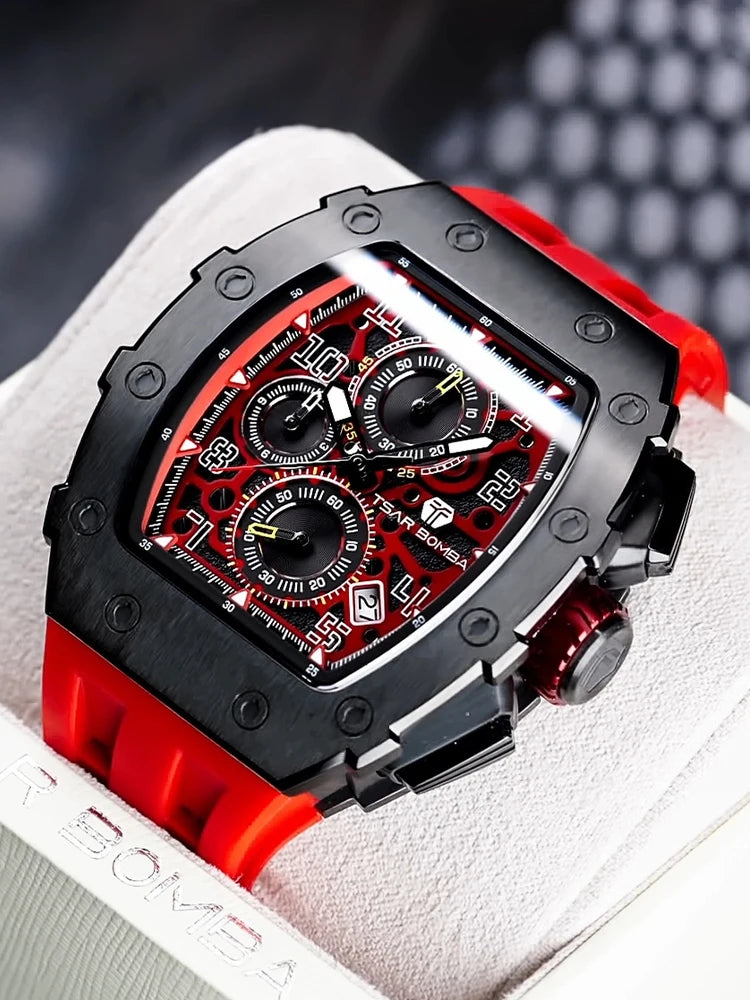 TSAR BOMBA Tonneau Watches for Men Sapphire Quartz Wristwatch Fashion Timepiece 5ATM Waterproof Clock Luxury Mens Watch