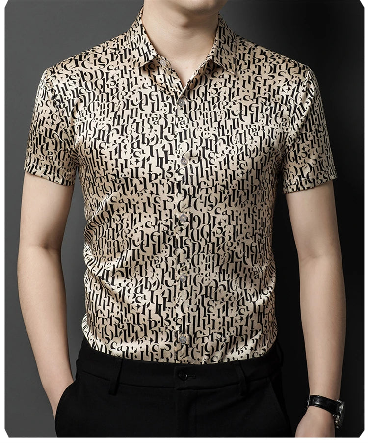 Mulberry Silk 100% Print Dress Men Shirt Short Sleeve Casual Icy Summer Quality Smooth Comfortable Regular Fit Camisas De Hombre