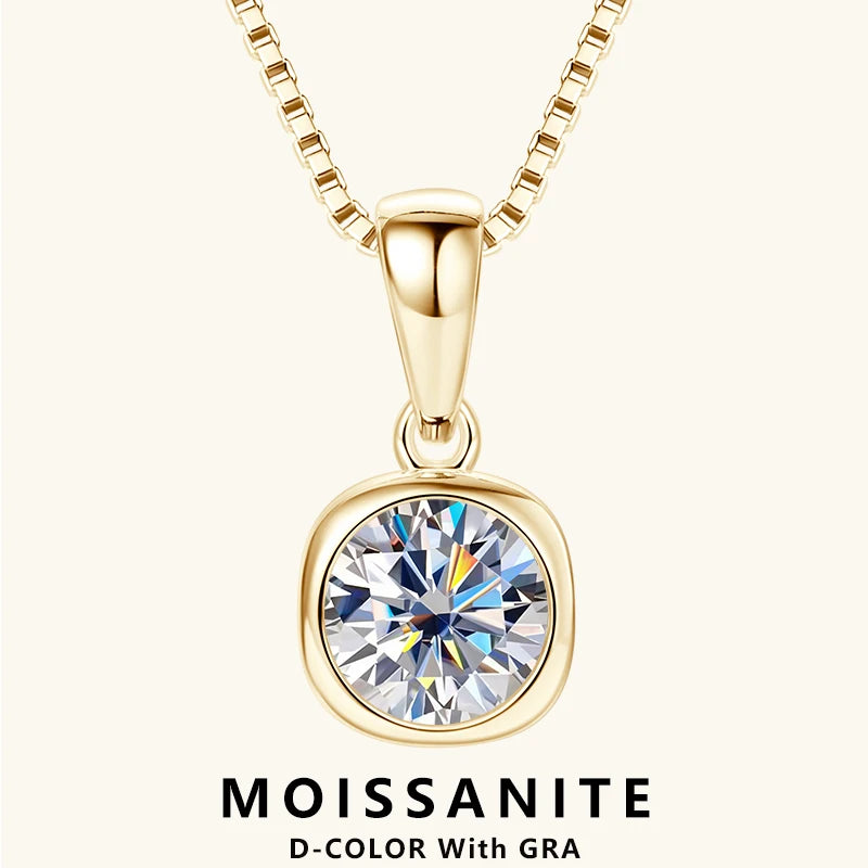 Lnngy 6.5mm 1ct Round Moissanite Necklace 925 Sterling Silver Box Chain Necklaces for Women Collares Mujer Fashion Jewelry Gift