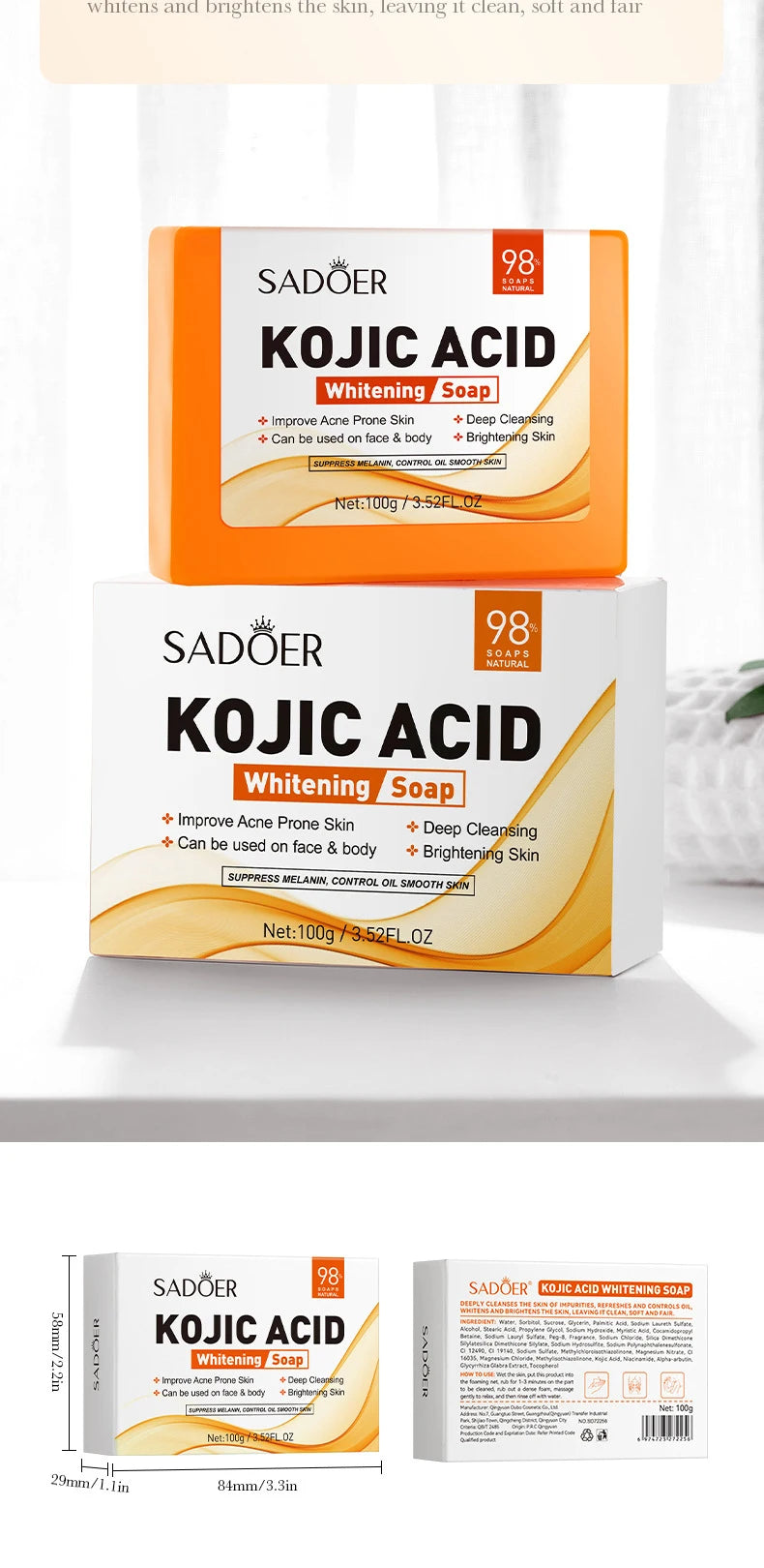1/2pcs SADOER Kojic Acid Facial Soap Face Wash Foam Facial Cleanser Moisturizing Hydrating Oil Control Body Bathing Soap