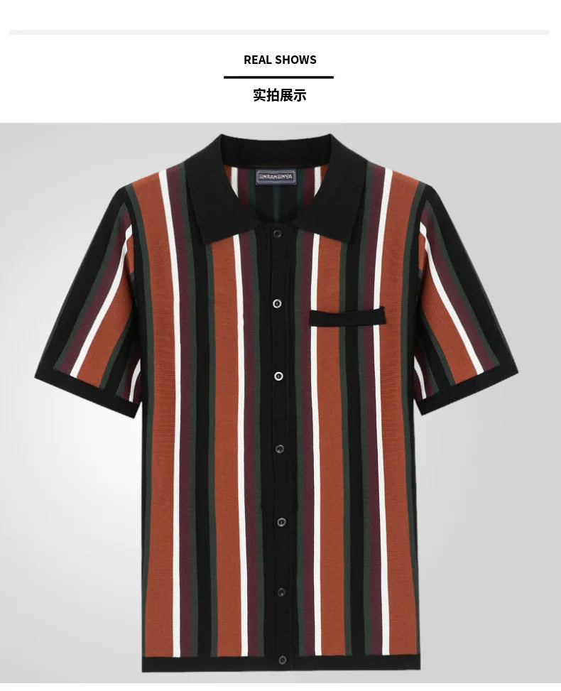 Polo Collar Striped Shirts Knitted Shirt Short Sleeve Single Breasted Casual Shirt Cardigan Loose Fit 2025 Spliced Pockets