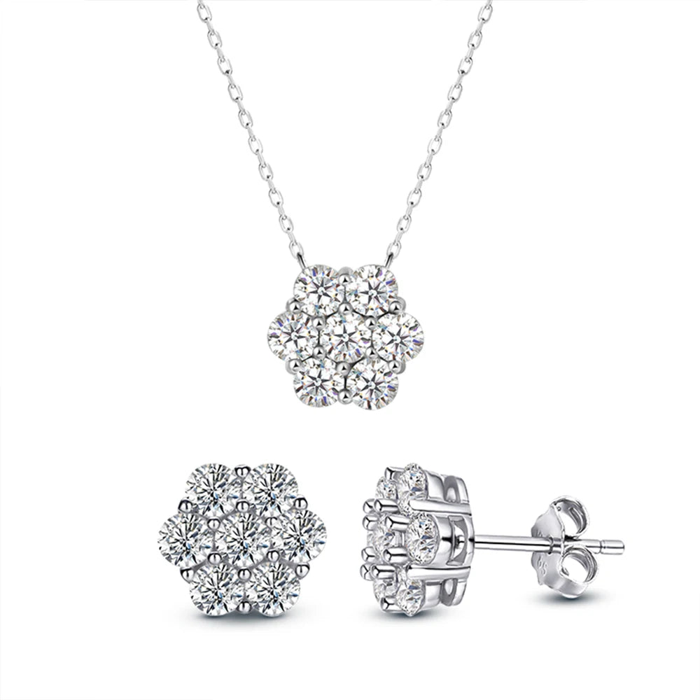 Real D Color Flower Full Moissanite Jewelry Sets for Women 925 Sterling Silver Diamond Pendant Necklace Stud Earrings Jewelry