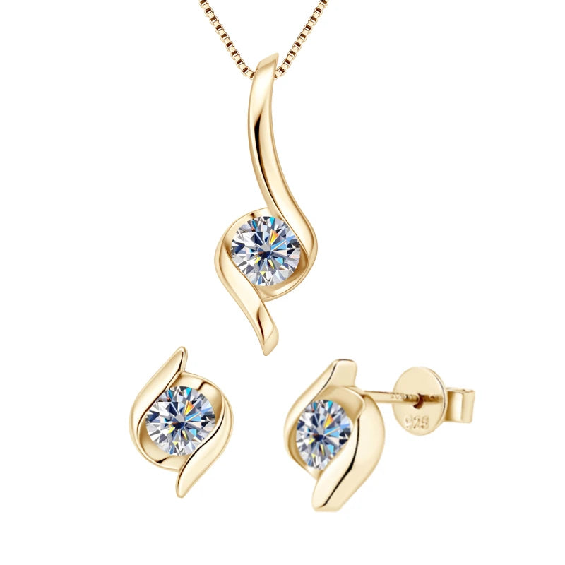 Gold Plated Silver 925 Real Moissanite Jewelry Set for Women 2.0ctw D Color Lab Diamond Stud Earrings Pendant Necklace Sets Gift