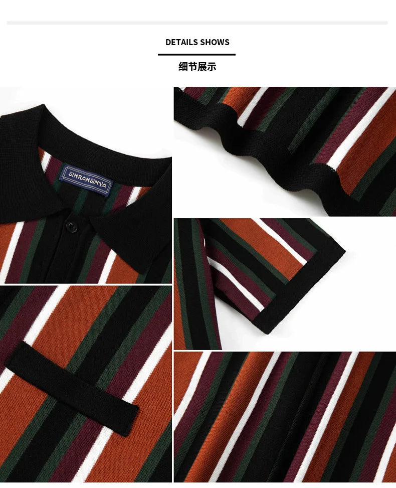 Polo Collar Striped Shirts Knitted Shirt Short Sleeve Single Breasted Casual Shirt Cardigan Loose Fit 2025 Spliced Pockets