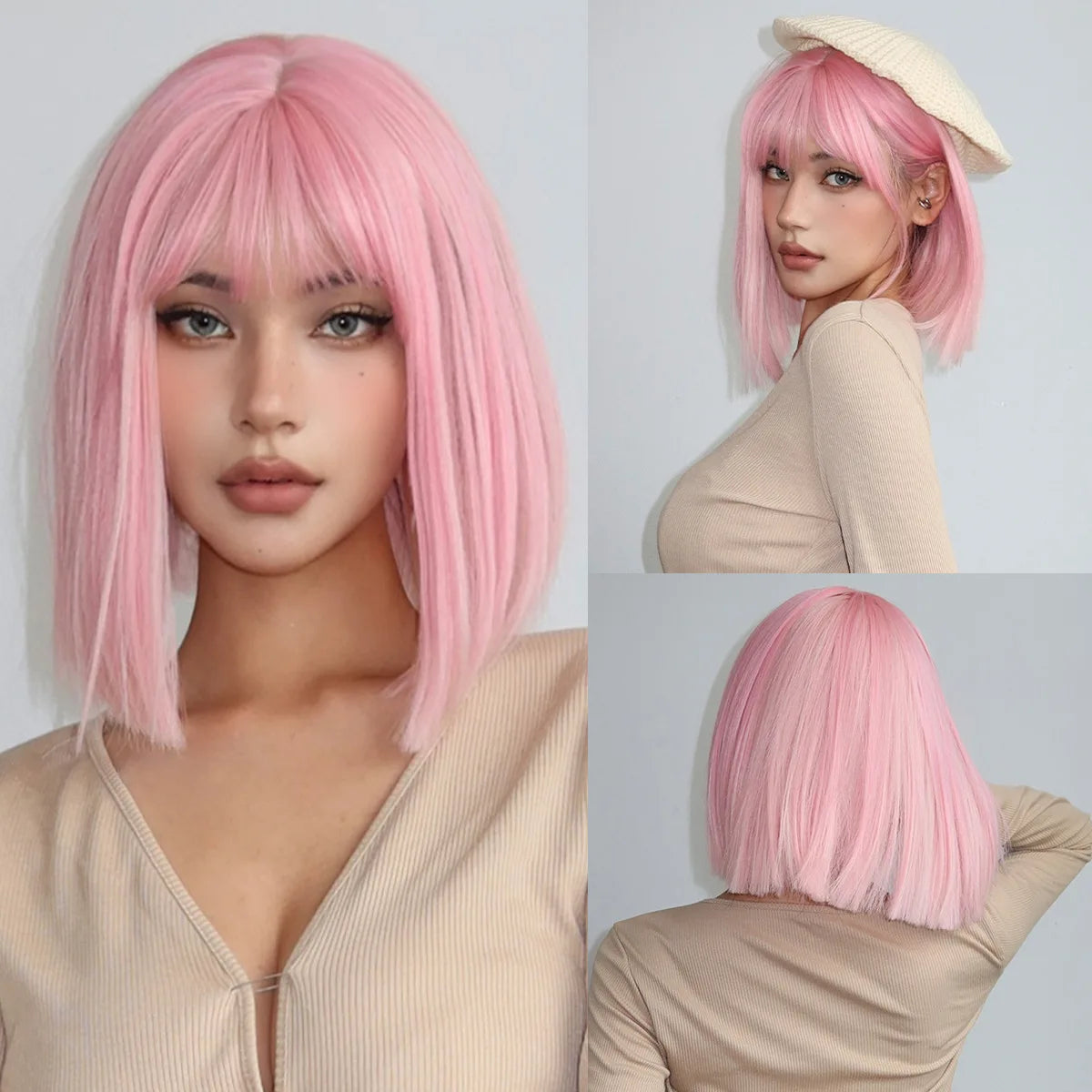Short Black Brown Synthetic Natural Hair Wigs for Women Bob Straight Wig with Bangs High Temperature Daily Cosplay Party Wigs