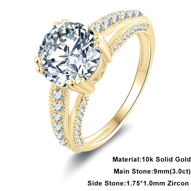 Lnngy Real 10K Yellow Gold Wedding Rings Round Cut 9mm 3ct Moissanite Engagement Ring for Women Jewelry Gift Bijoux Bague