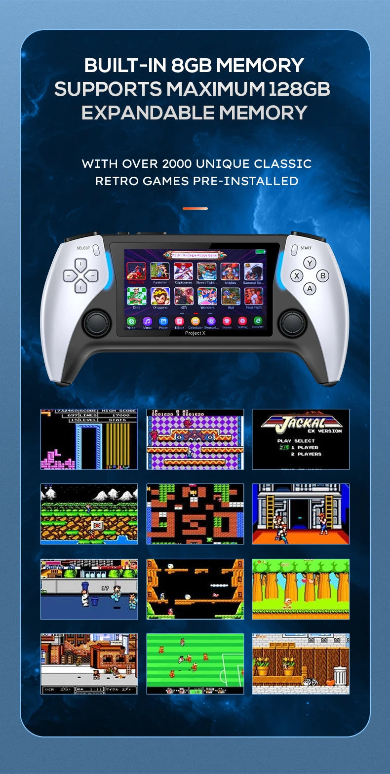 NEW Project X Portable Pocket Video Game Console 128G 40000+ Games 4.3” IPS Screen Support PS1 Retro Gaming Dual Speaker Stereo