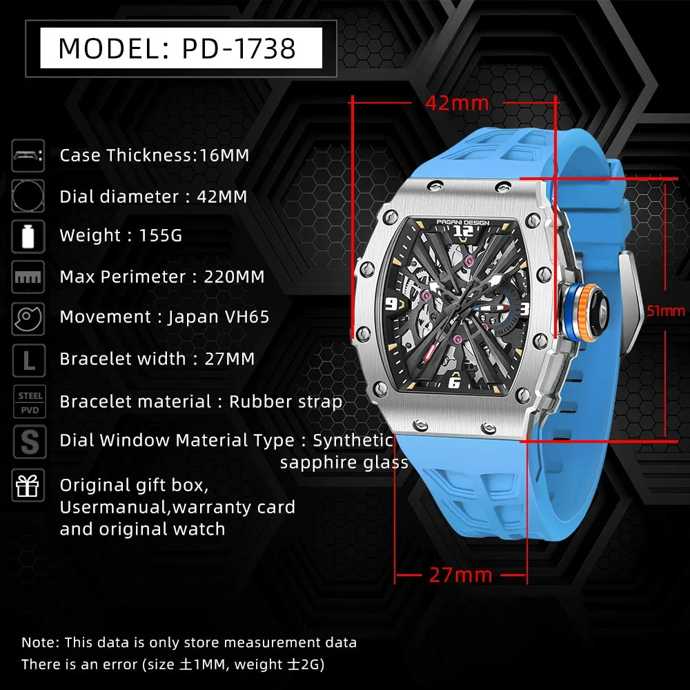 PAGANI DESIGN 2024 Luxury Mens Quartz Watches Barrel Shape Waterproof Wrist Watch For Men VH65 Silicone Luminous Sapphire Mirror