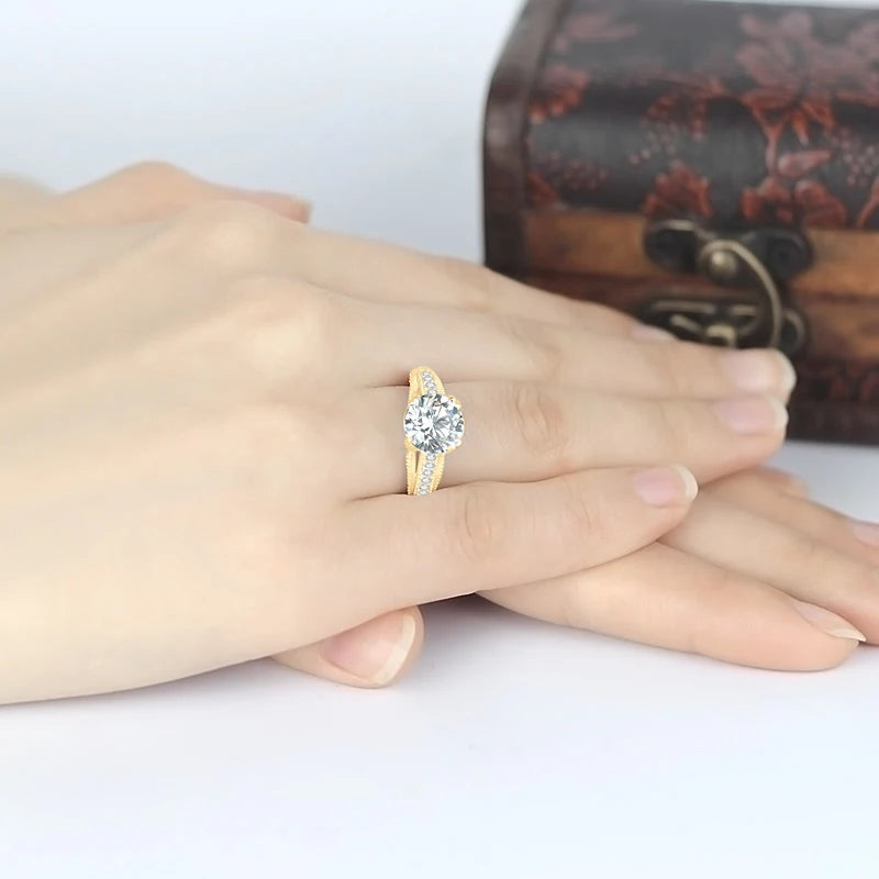 Lnngy Real 10K Yellow Gold Wedding Rings Round Cut 9mm 3ct Moissanite Engagement Ring for Women Jewelry Gift Bijoux Bague