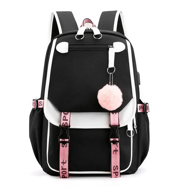 Large School Bags for Teenage Girls USB Port Canvas Schoolbag Student Book Bag Fashion Black Pink Teen School Backpack