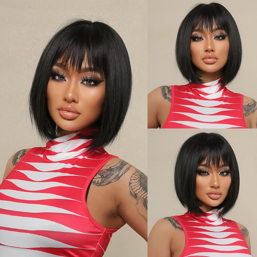 Short straight synthetic wig Ginger Brown Bob wig with straight bangs Ladies Cosplay daily natural high temperature silk wig