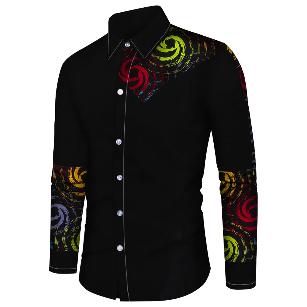 Men's Long Sleeve Shirt Casual Fashion 3D Design Vintage Printed Shirt Men's Flap Collar Shirt Long Sleeve Top