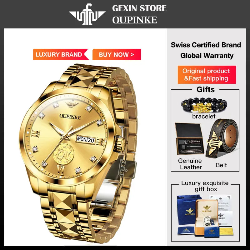 Swiss Certification OUPINKE Automatic Watch for Men Real Gold Real Diamond Sapphire Mirror Tungsten Steel Top Brand Wristwatch