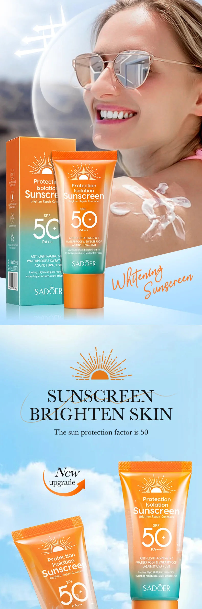 SADOER Spf 50+ Sunscreen for Face Protector Solar skincare Dual Tube Multi Effect PA+++ Facial Sunscreen Solar Blocker