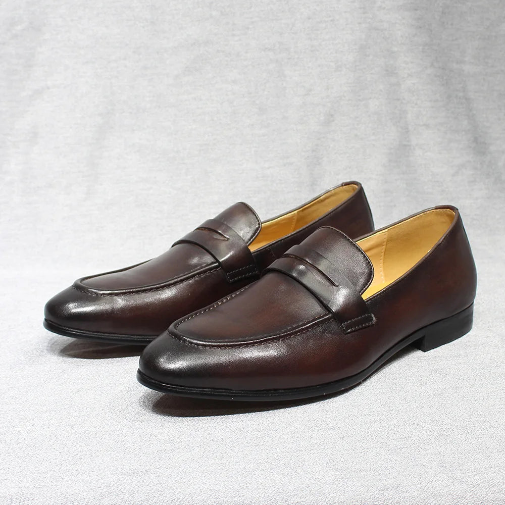 FELIX CHU Mens Penny Loafers Leather Shoes Genuine Leather Elegant Wedding Party Casual Dress Shoes Brown Black Shoes for Men